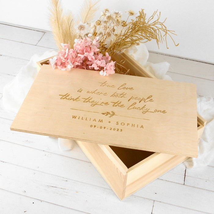 Custom Engraved Message Natural Wooden Wedding Keepsake Memory Box Bride & Groom Present