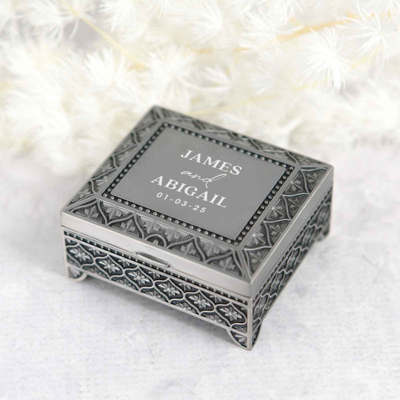 Custom Artwork Engraved Name Bride and Groom Wedding Ring Jewellery Box