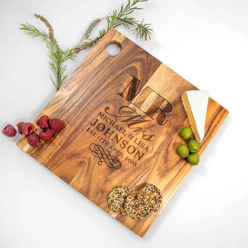 Custom designed professionally laser engraved wooden wedding cheese chopping board gift