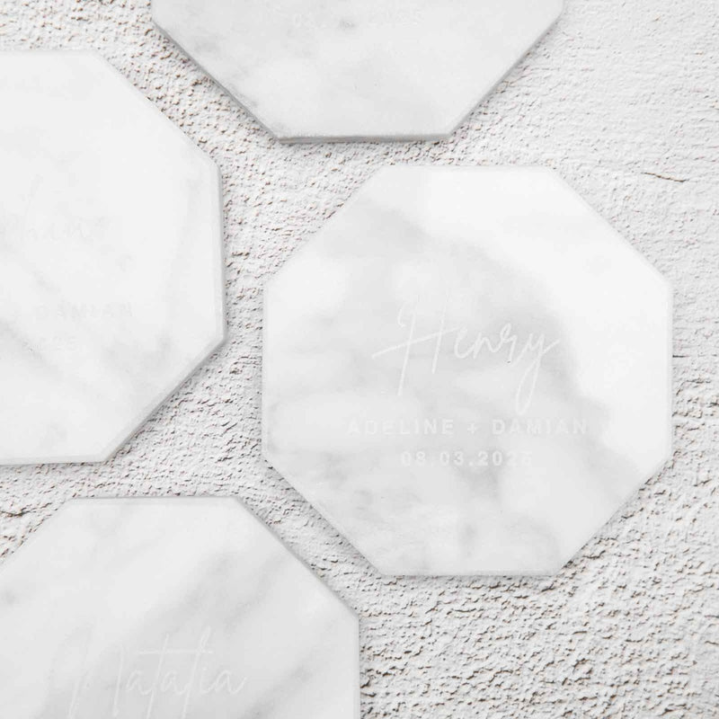 Engraved White Octagonal Marble Coaster Wedding Place Card
