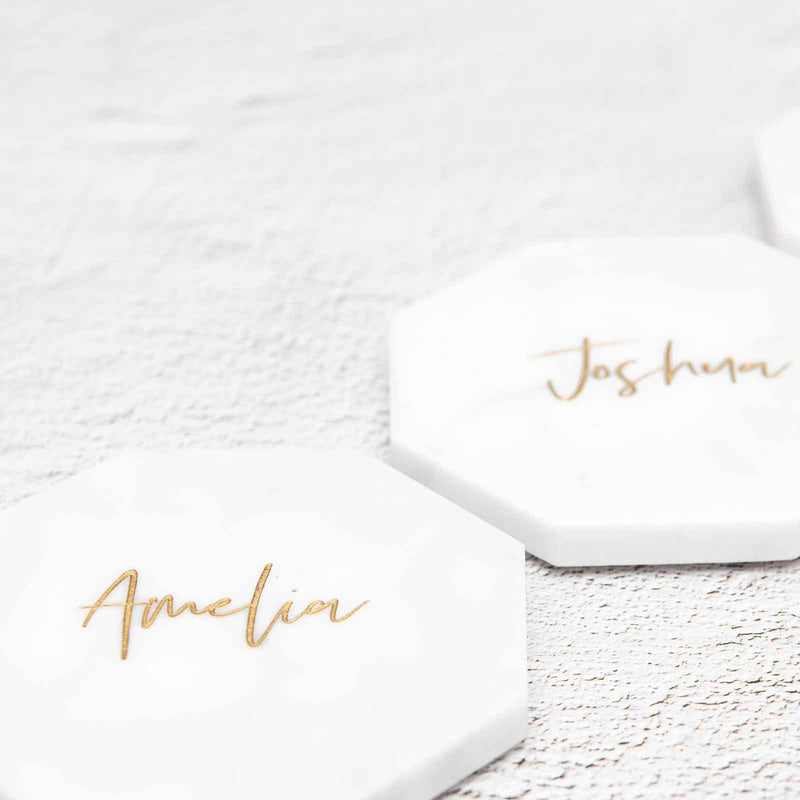 Customised Engraved Wedding White Octagon Marble Coaster with Metallic Gold In-fill Place Card Bomboniere
