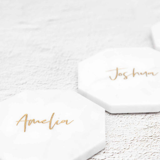 Customised Engraved Wedding White Octagon Marble Coaster with Metallic Gold In-fill Place Card Bomboniere