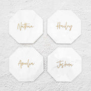 Custom Designed Engraved Wedding White Octagon Marble Coaster with Metallic Gold In-fill Place Card Favours