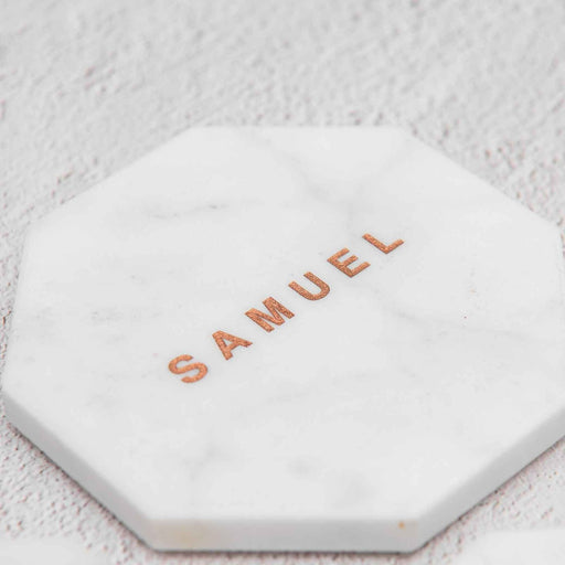 Personalised Engraved Wedding White Octagonal Marble Coaster with Metallic Rose Gold In-fill
