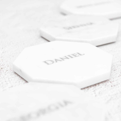 Customised Engraved Silver In Filled Wedding Guest White Marble Hexagonal Place Card Bomboniere
