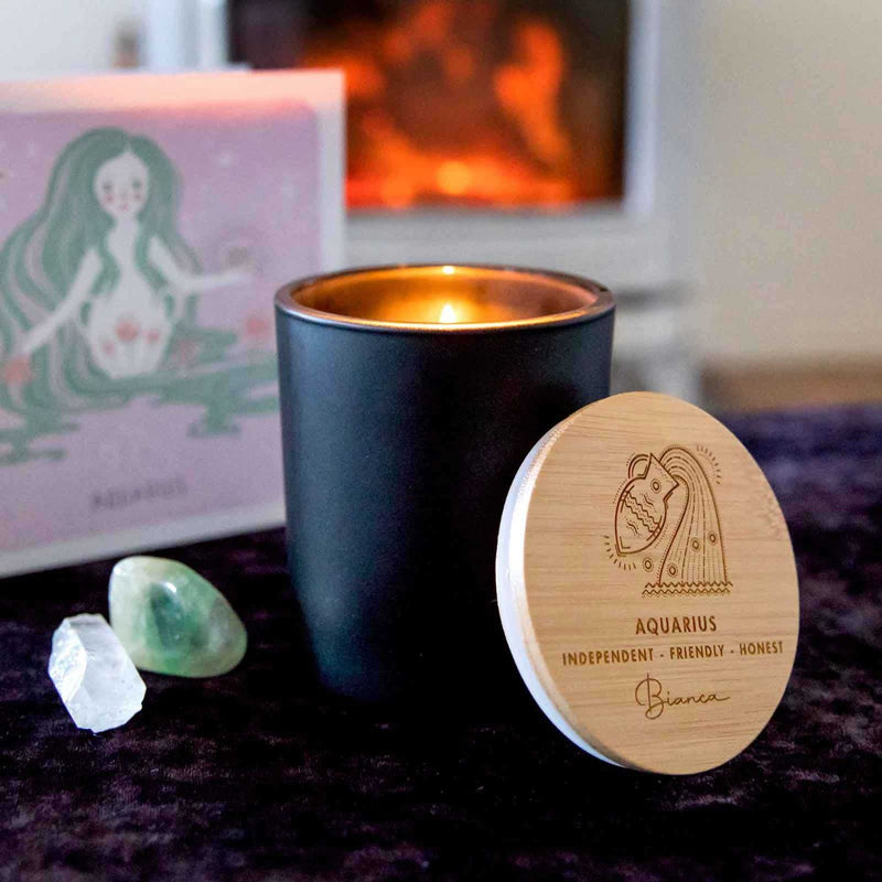 Birthday Customised Engraved Wooden Lid Zodiac Soy Black Candle with Wood Wick Aquarius