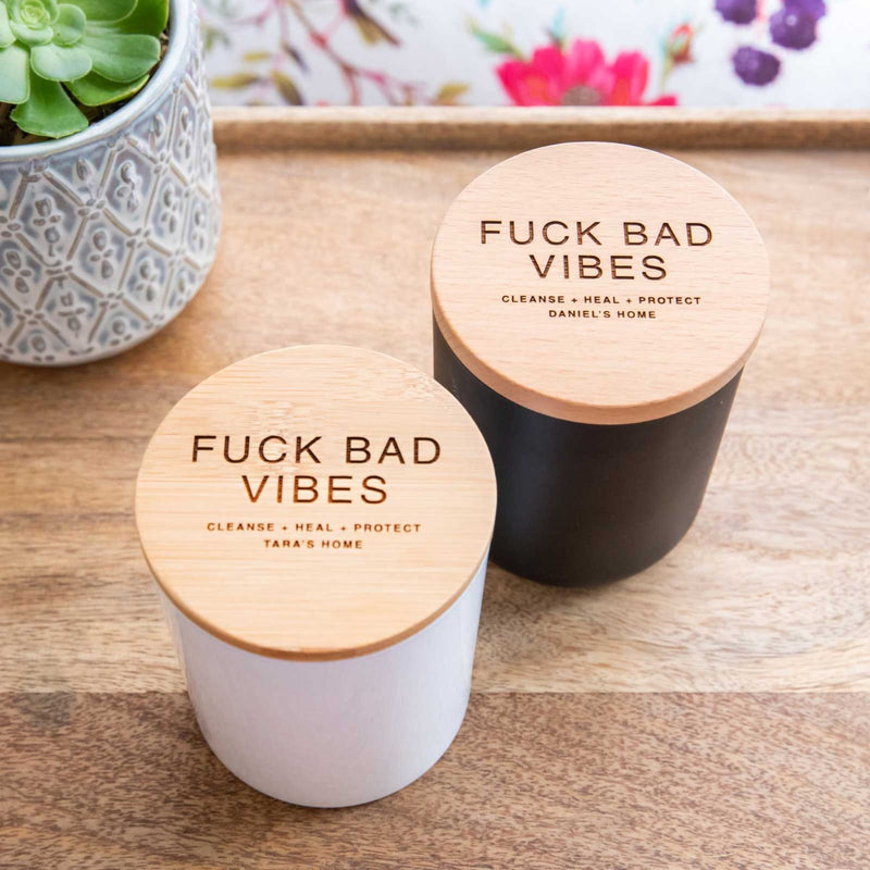 Customised Inappropriate  No Bad Vibes Wood Wick Soy Candle with Engraved Wooden Lid Birthday Present