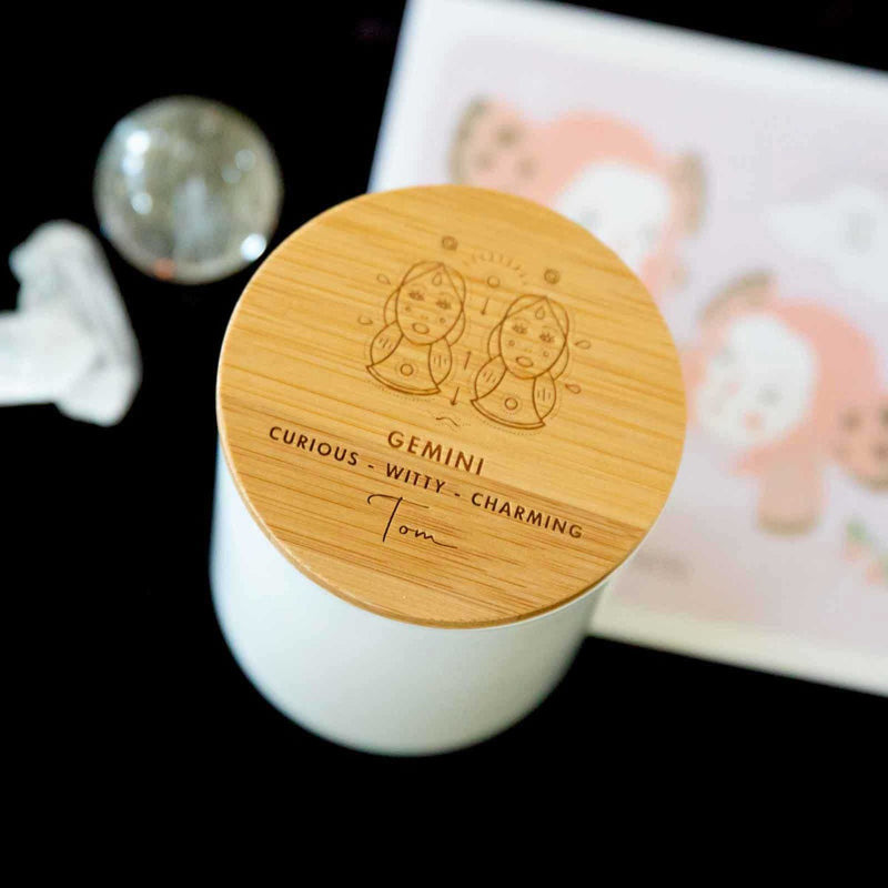 Gemini Birthday Personalised Engraved Wooden Lid Zodiac Soy Candle with Wood Wick