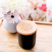 Custom Artwork Engraved Wood Wick Black Soy Candle with Wooden Lid Inappropriate Birthday Present