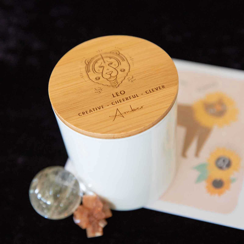 Leo Birthday Personalised Engraved Wooden Lid Zodiac Soy Candle with Wood Wick