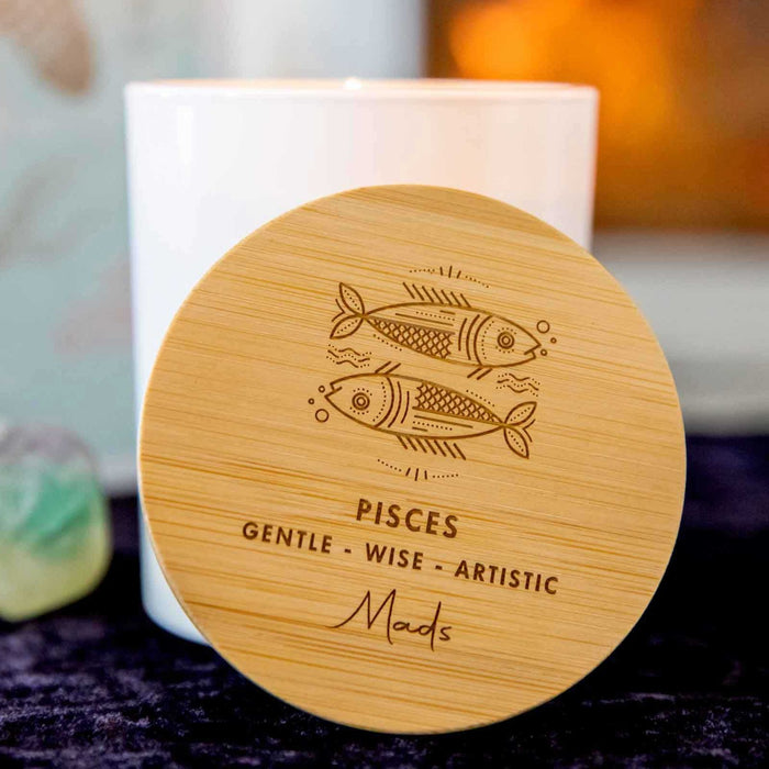 Personalised Engraved Wooden Lid Zodiac Soy Candle Pisces with Wood Wick