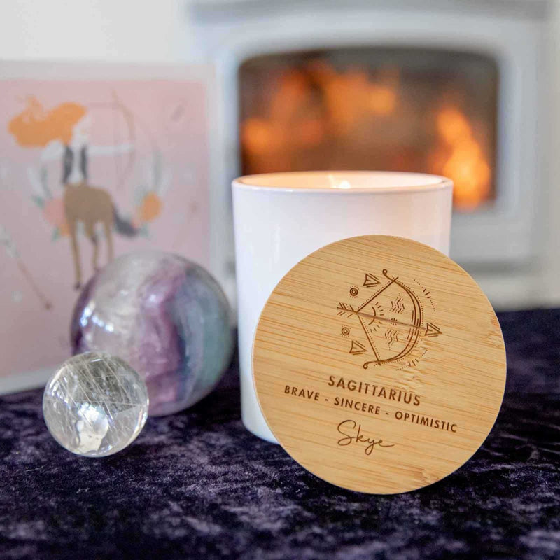 Birthday Custom Artwork Engraved Wooden Lid Zodiac Soy Black Candle with Wood Wick Sagittarius