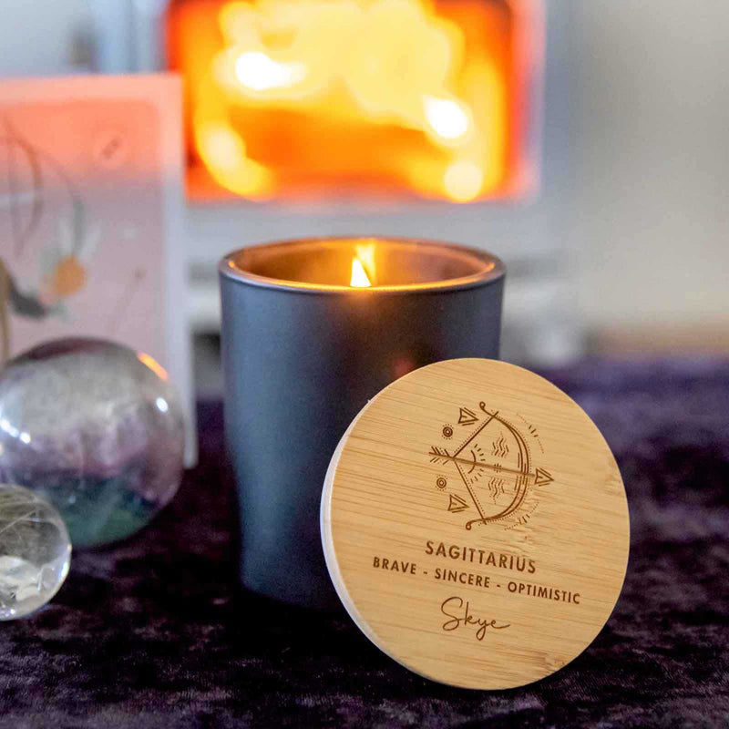 Birthday Customised Engraved Wooden Lid Zodiac Soy Black Candle with Wood Wick Sagittarius
