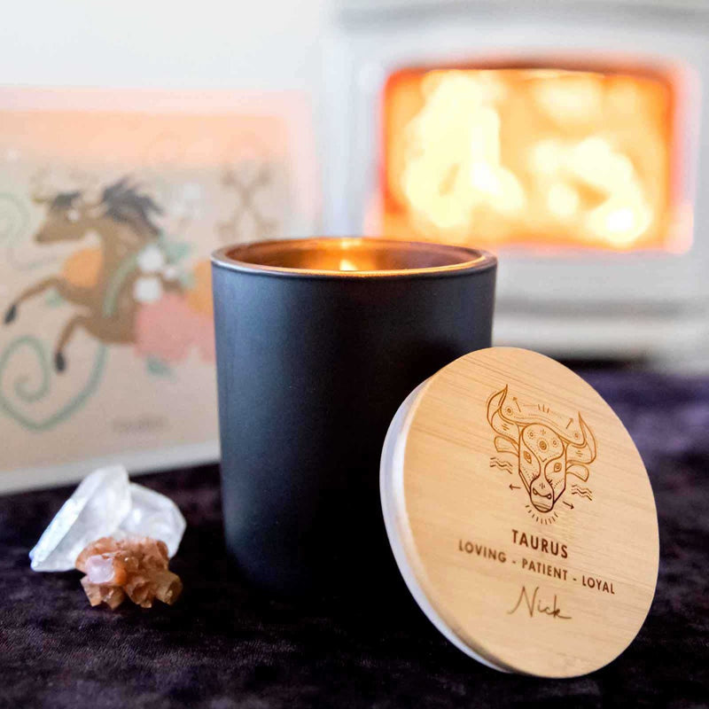 Birthday Custom Artwork Engraved Wooden Lid Zodiac Soy Black Candle with Wood Wick Taurus