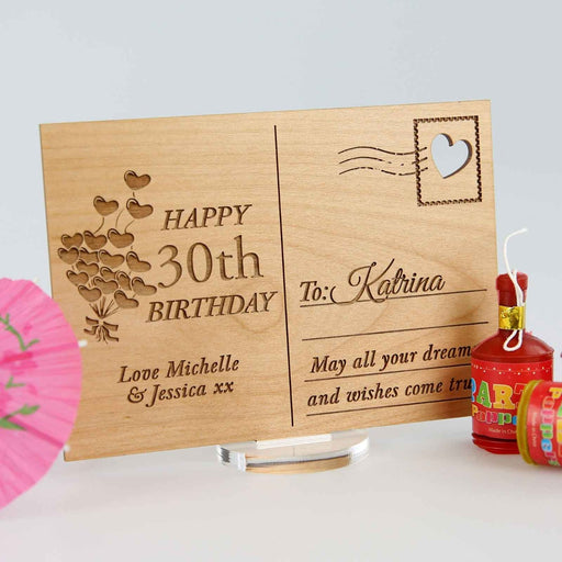 Customised Engraved Wooden 30th Birthday Postcard with Clear Acrylic Stand