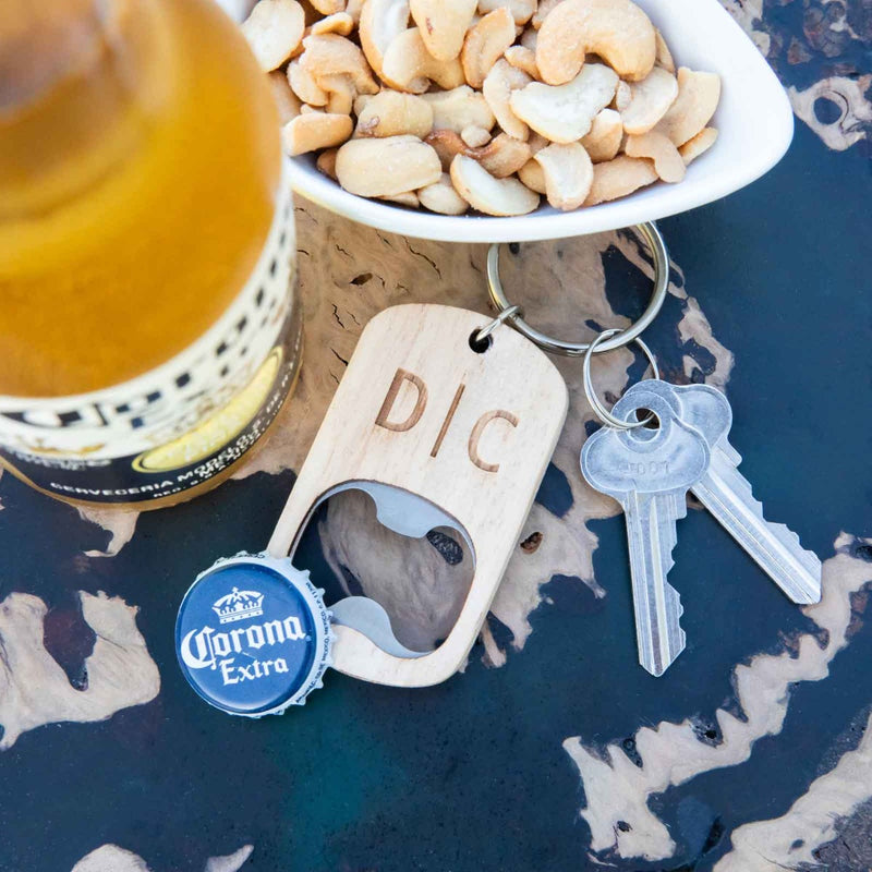 Customised Engraved Initials Monogrammed Wood Stainless Steel Bottle Opener Keyring Birthday Present