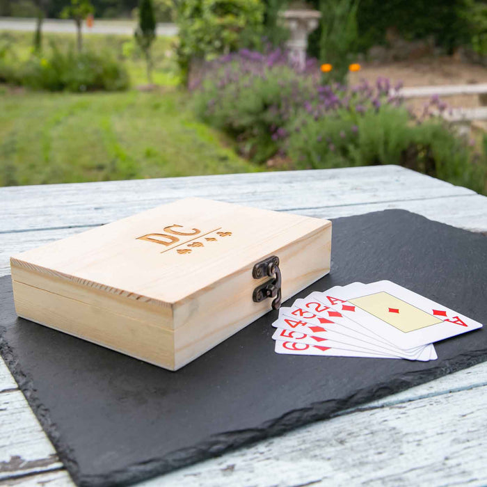 Customised Engraved Initials Playing Card Set With Wooden Box Christmas Present