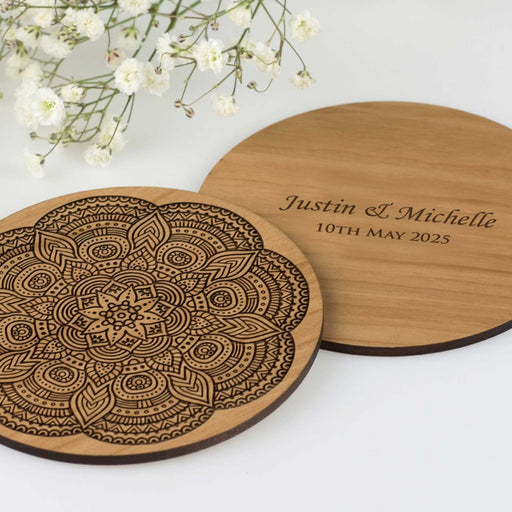 Personalised engraved wooden mandala coaster with bride and groom names