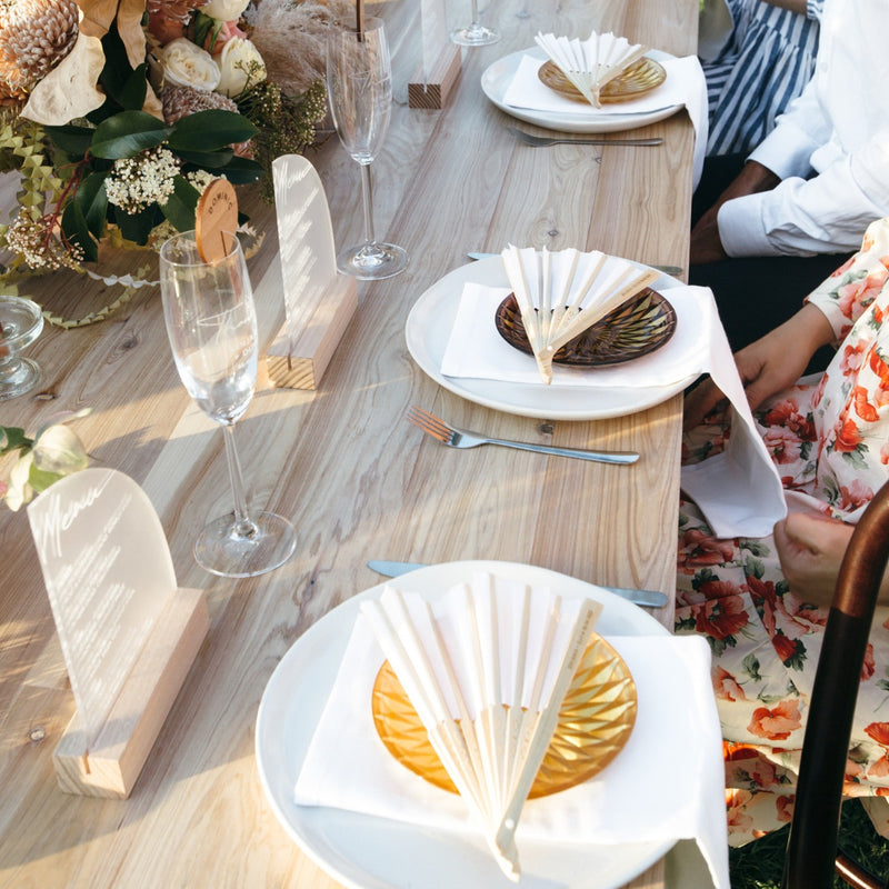 Laser engraved Custom Designed white and wooden wedding fans Favours