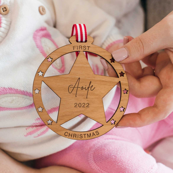 Custom Artwork Engraved Name First Christmas Bauble Star Wooden Tree Ornament