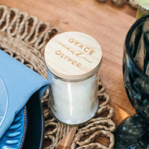 Personalised Engraved White Candle Bride & Grooms Names With Wooden Lid Wedding Favour