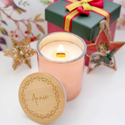 Rose Gold Wood Wick Soy Christmas Candle with Engraved Wooden Lid