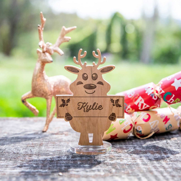 Customised Engraved Wood Christmas Santa's Reindeer Place Card with Stand Christmas Table