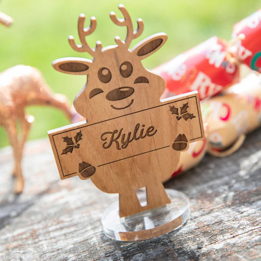 Personalised Engraved Wooden Christmas Reindeer Place Card with Stand