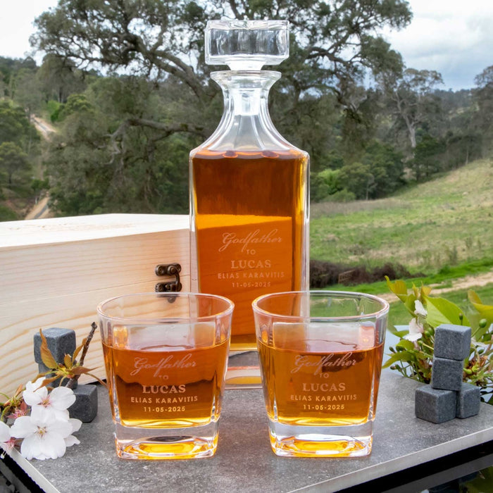 Godfather Engraved Decanter & Scotch Glasses Wooden Gift Box Set