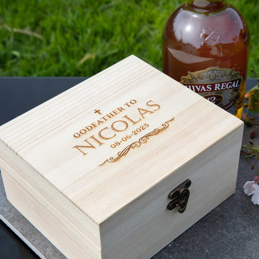 Customised Engraved Godparent Wooden Gift Boxed Scotch Glass and Whiskey Stone Set