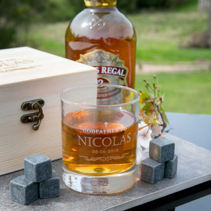 Custom Artwork Engraved Name Godfather scotch glass & Whiskey Stone Set With Matching Wooden Box.