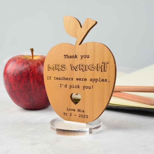 Personalised Engraved Wooden Teacher Apple Christmas Thank you Plaque with Stand