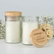 Jasmine scented candle with engraved wooden lid wedding favour