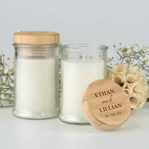 Jasmine scented candle with engraved wooden lid wedding favour