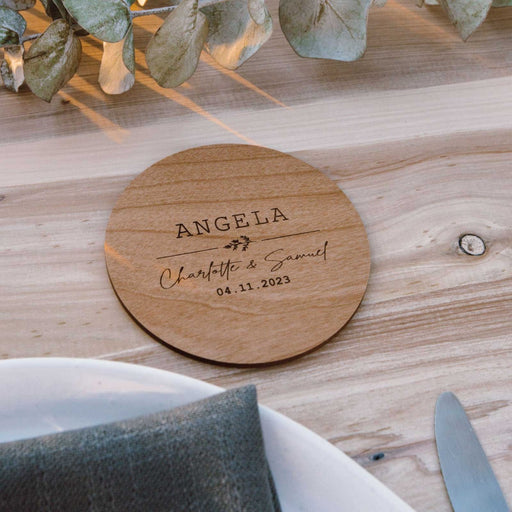 Custom Designed Engraved Round Wooden Wedding Coaster Place cards Bomboniere