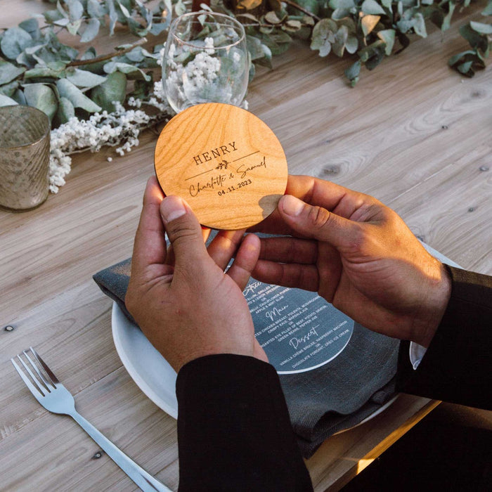 Personalised Engraved Square & Round Wooden Wedding Coaster Place cards Favours