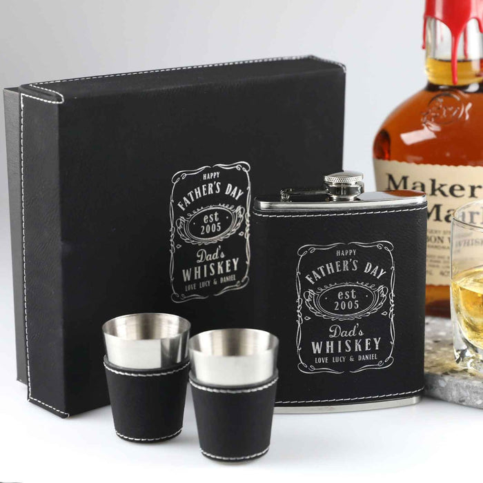 Personalised Engraved Father's Day Black Leather Hip Flask, Shot Glasses & Leather-bound Gift Box Present