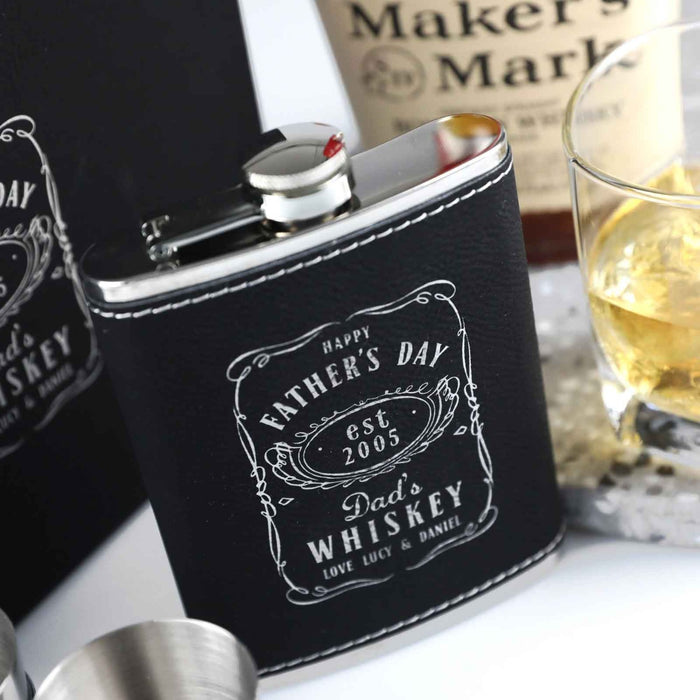 Custom Designed Engraved Father's Day Black Leather bound Hip Flask & Complimentary Shot Glasses Gift Set
