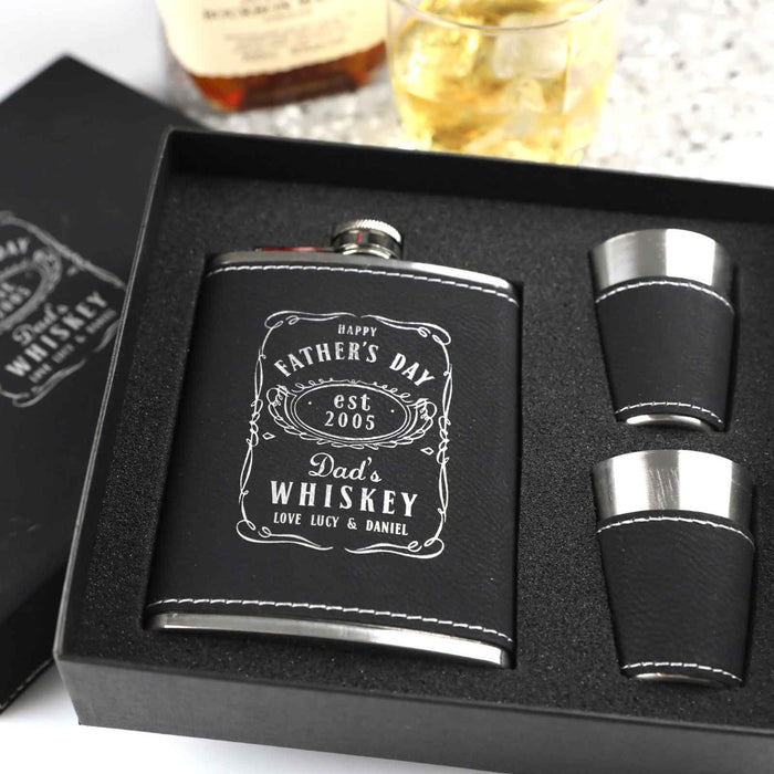 Personalised Engraved Father's Day Black Leather Hip Flask Present