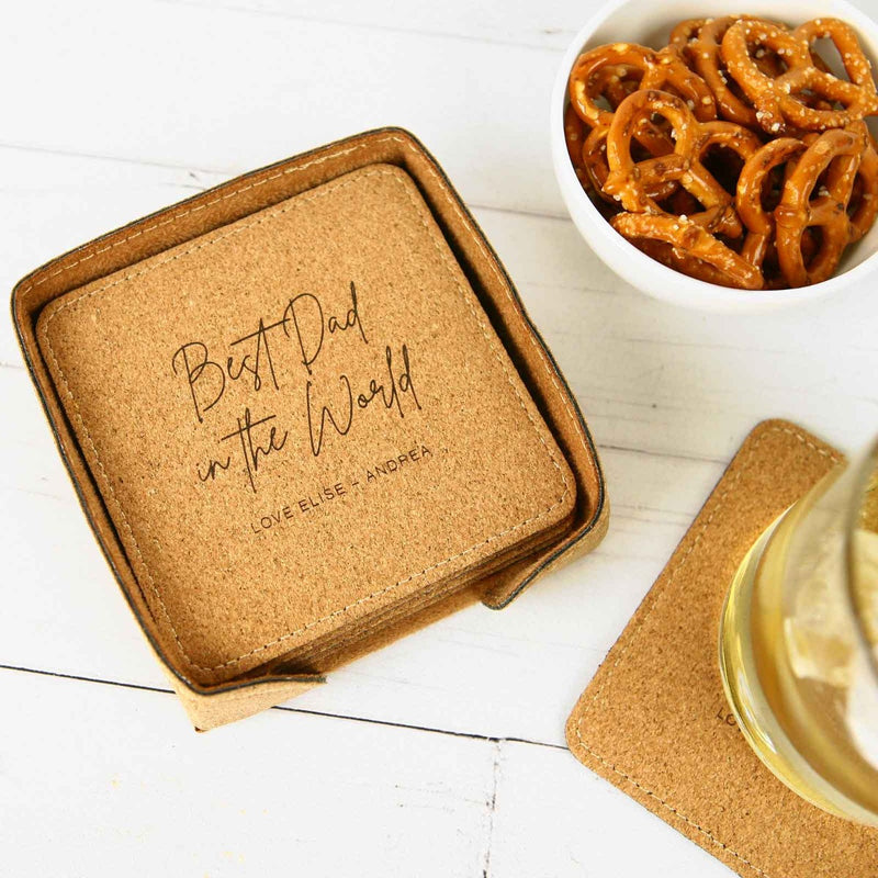Custom Artwork Engraved Set of 6 Engraved Square Cork Father's Day Coasters Present