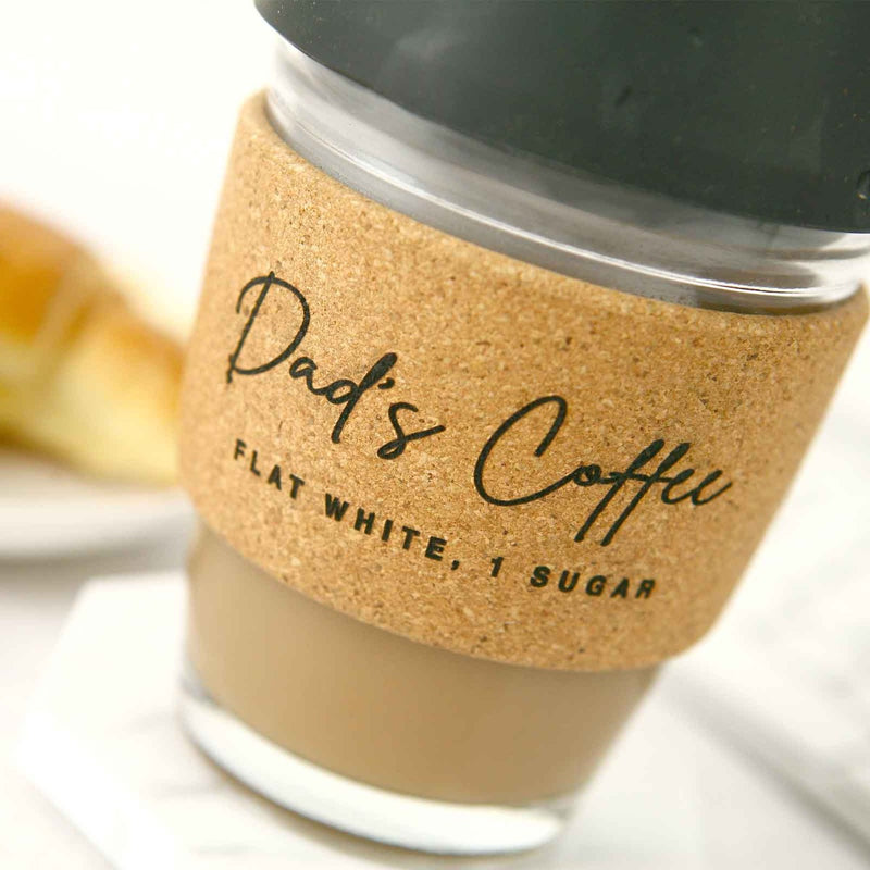 Customised Engraved Father's Day Glass Cork Band Coffee Reusable Keepsake Cup Gift