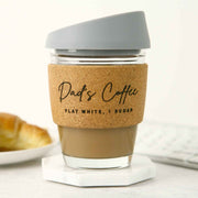 Personalised Engraved Cork Band Glass Coffee Keep Cup Grey Silicone Lid Father's Day Gift