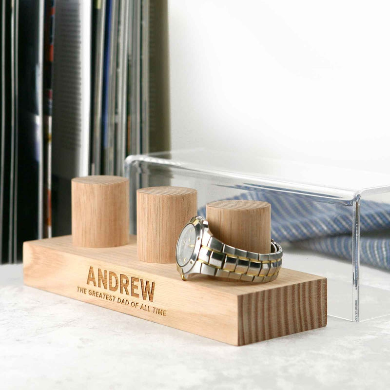 Custom Artwork Engraved Wooden 3 piece Watch Stand with Acrylic Cover Father's Day Gift
