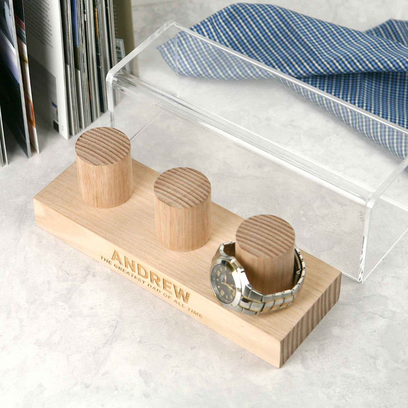 Customised Engraved Tasmanian Oak 3 Column Watch Stand Father's Day Present