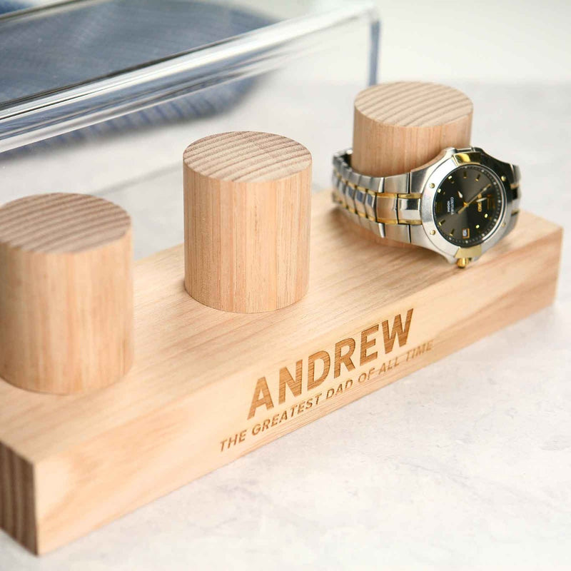 Customised Engraved Wooden 3 piece Watch Stand with Acrylic Cover Father's Day Present
