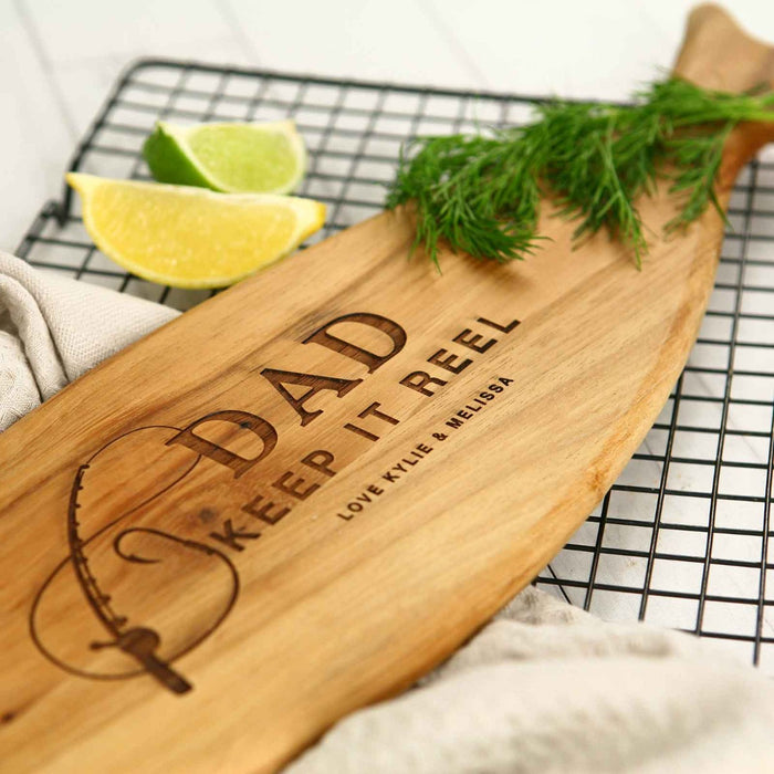 Custom Engraved Fish Shaped Acacia Wooden BBQ Serving Board Father's Day Present