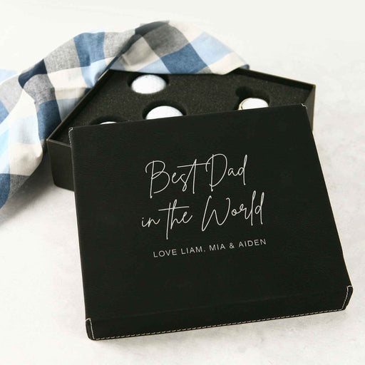 Customised Engraved Father's Day Black Leather Gift Box with Golf Ball Set Present