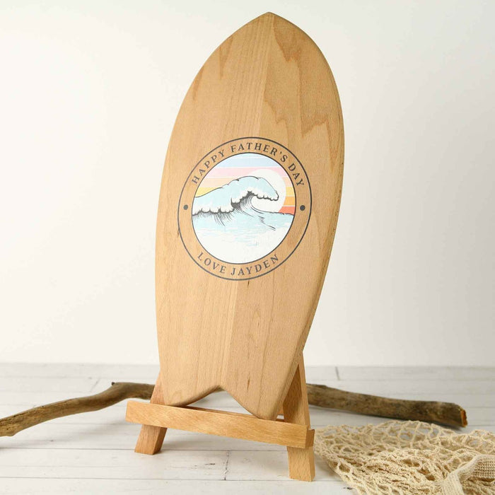 Custom Artwork Father's Day Full Colour Printed Wooden Surfboard with Display Stand
