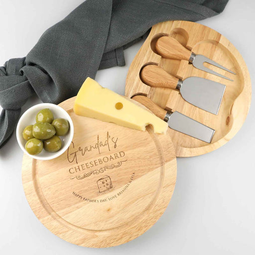 Custom designed Engraved Father's Day Engraved Round chopping board with cheese knifes Set Present