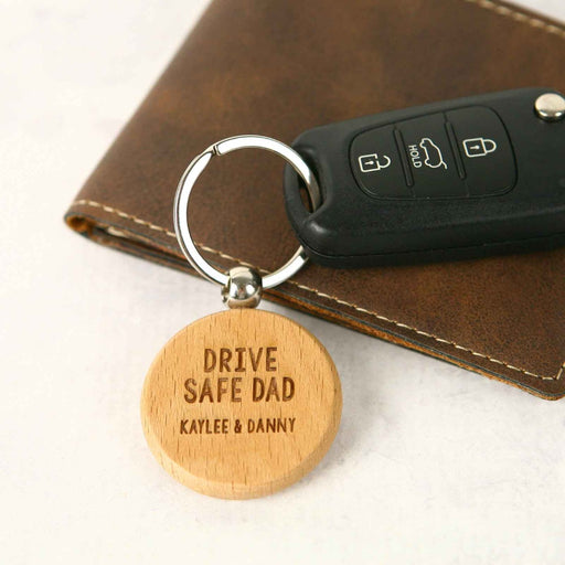 Customised Engraved Father's Day "Drive Safe Dad" Wooden Round Keyring Gift 